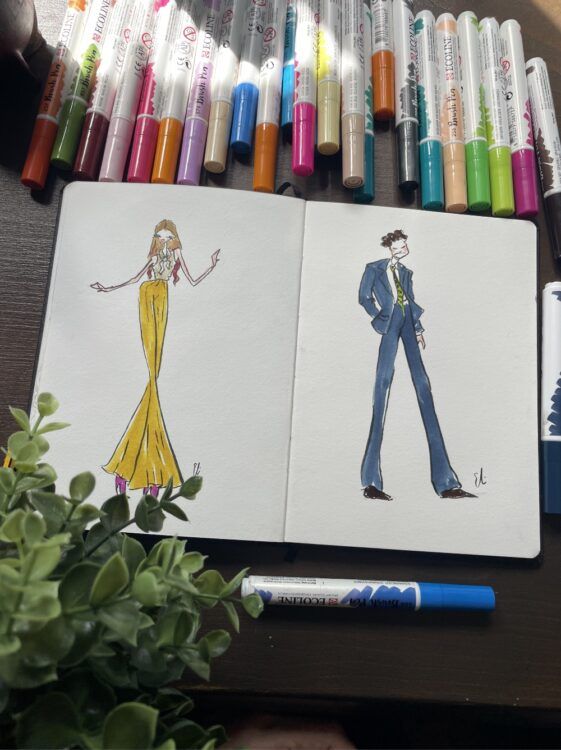 Ilustracion de moda, acuarelas en viv, acuarelas en directo, boceto de moda, figurines de moda,