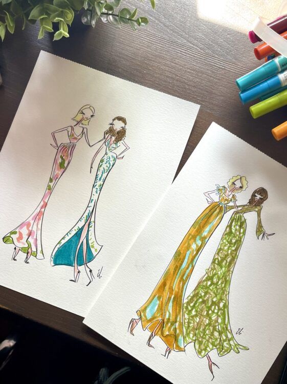 Ilustracion de moda, acuarelas en viv, acuarelas en directo, boceto de moda, figurines de moda,
