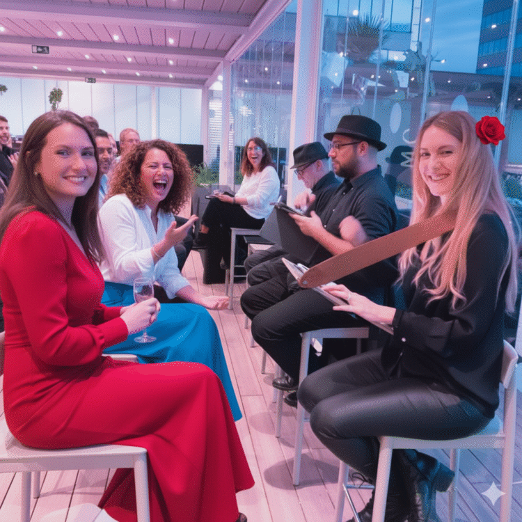 Equipo de caricaturistas en un evento de empresa
